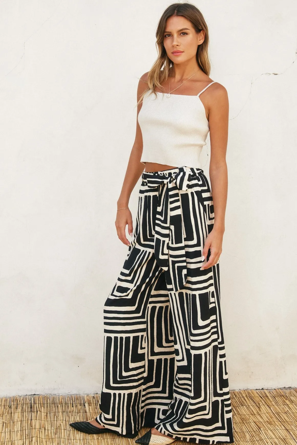 Waitlist 5/30 ♥ Gina High Waist Tie Abstract Print Wide Leg Pants Black
