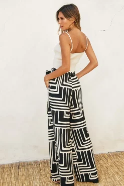 Waitlist 5/30 ♥ Gina High Waist Tie Abstract Print Wide Leg Pants Black