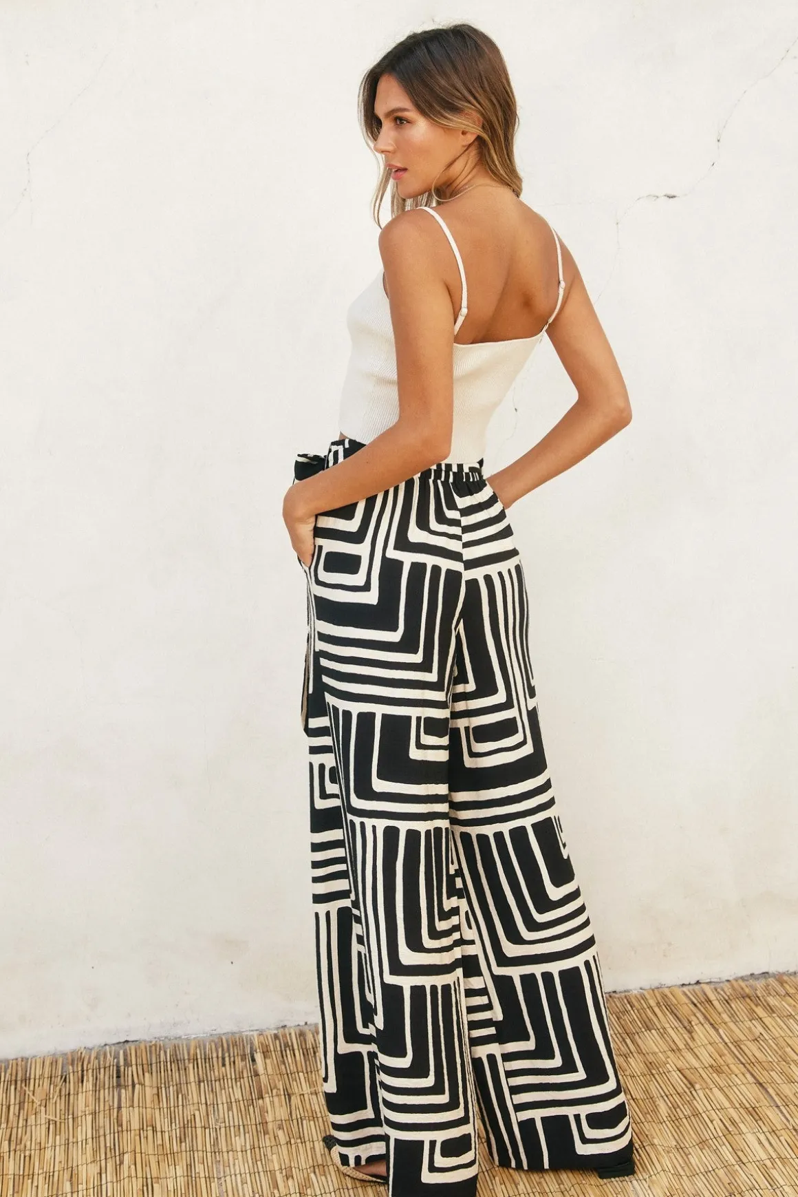 Waitlist 5/30 ♥ Gina High Waist Tie Abstract Print Wide Leg Pants Black