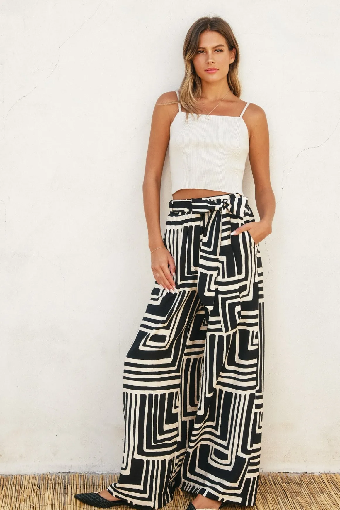 Waitlist 5/30 ♥ Gina High Waist Tie Abstract Print Wide Leg Pants Black