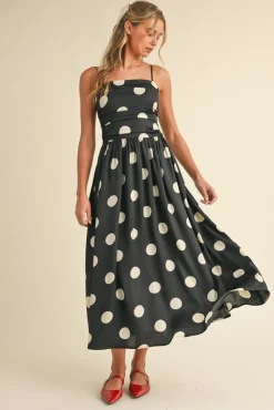 Waitlist 5/7 ♥ Grace Sleeveless Ruched Polka Dot Print Midi Dress Black