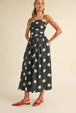 Waitlist 5/7 ♥ Grace Sleeveless Ruched Polka Dot Print Midi Dress Black