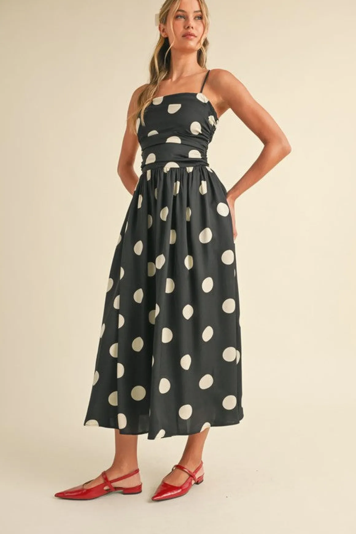 Waitlist 5/7 ♥ Grace Sleeveless Ruched Polka Dot Print Midi Dress Black