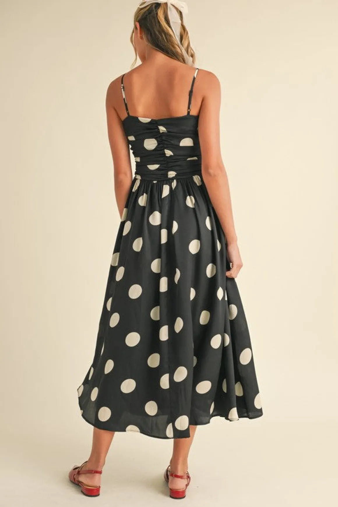Waitlist 5/7 ♥ Grace Sleeveless Ruched Polka Dot Print Midi Dress Black