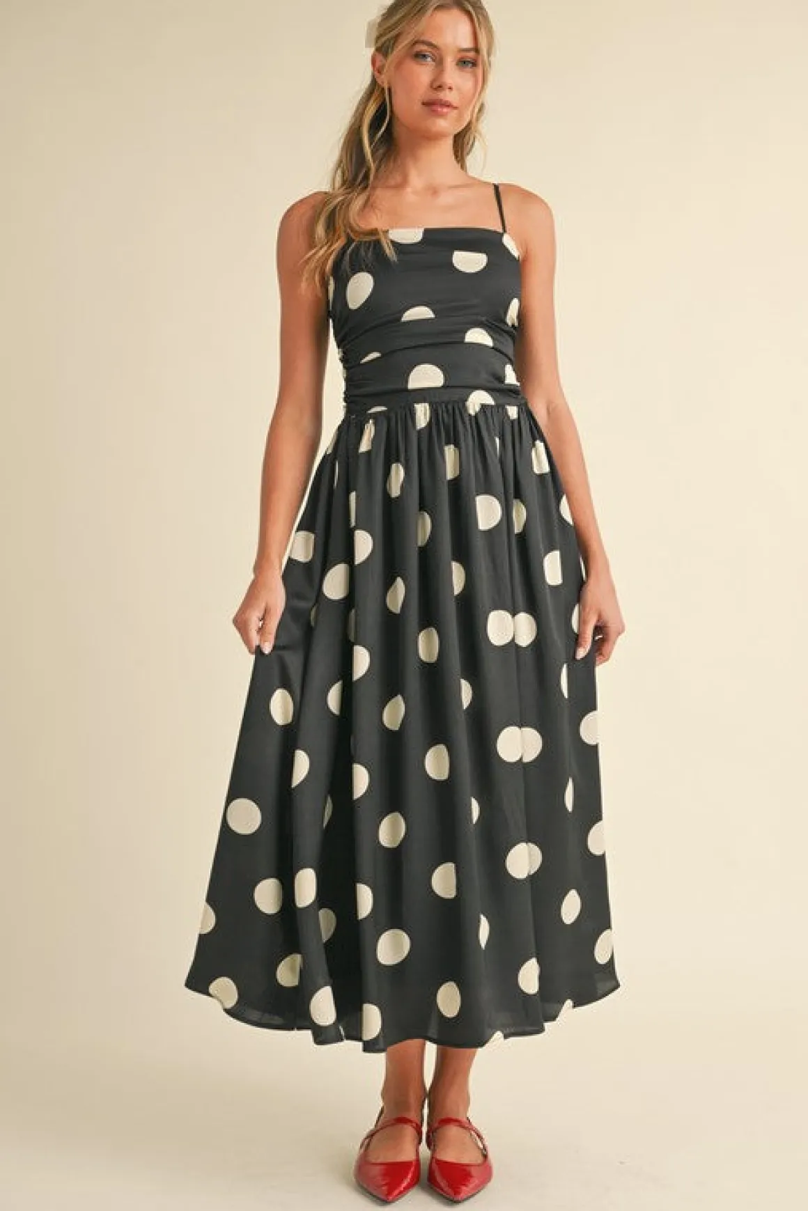 Waitlist 5/7 ♥ Grace Sleeveless Ruched Polka Dot Print Midi Dress Black