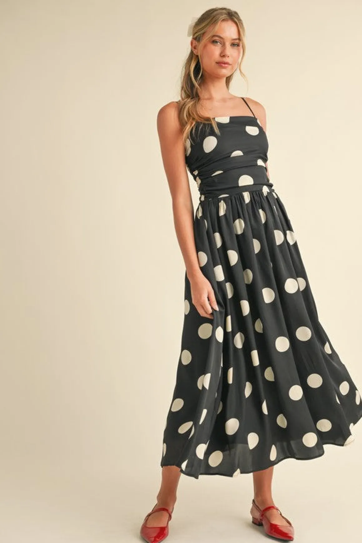 Waitlist 5/7 ♥ Grace Sleeveless Ruched Polka Dot Print Midi Dress Black
