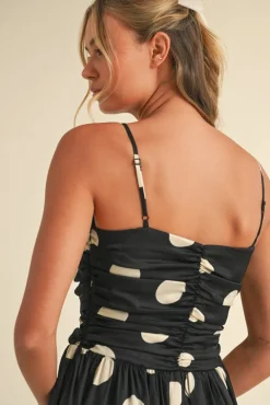 Waitlist 5/7 ♥ Grace Sleeveless Ruched Polka Dot Print Midi Dress Black