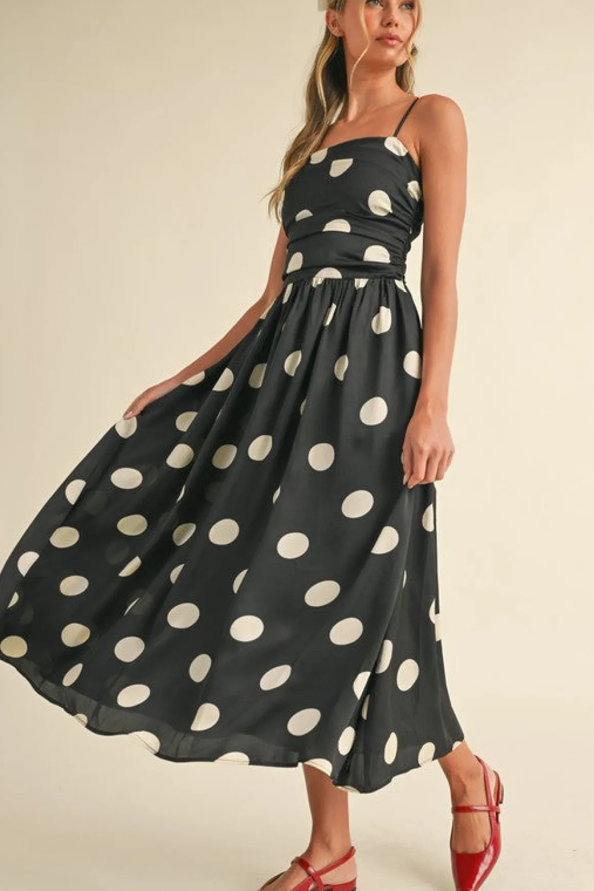 Waitlist 5/7 ♥ Grace Sleeveless Ruched Polka Dot Print Midi Dress Black