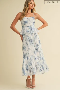 Waitlist 4/18 ♥ Hillary Sleeveless Ruffled Floral Print Peplum Midi Dress Blue