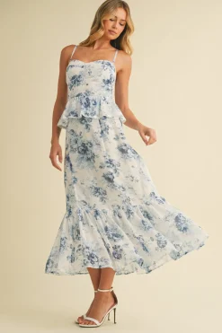 Waitlist 4/18 ♥ Hillary Sleeveless Ruffled Floral Print Peplum Midi Dress Blue