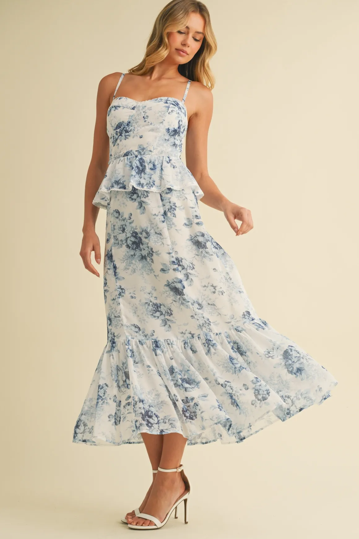 Waitlist 4/18 ♥ Hillary Sleeveless Ruffled Floral Print Peplum Midi Dress Blue