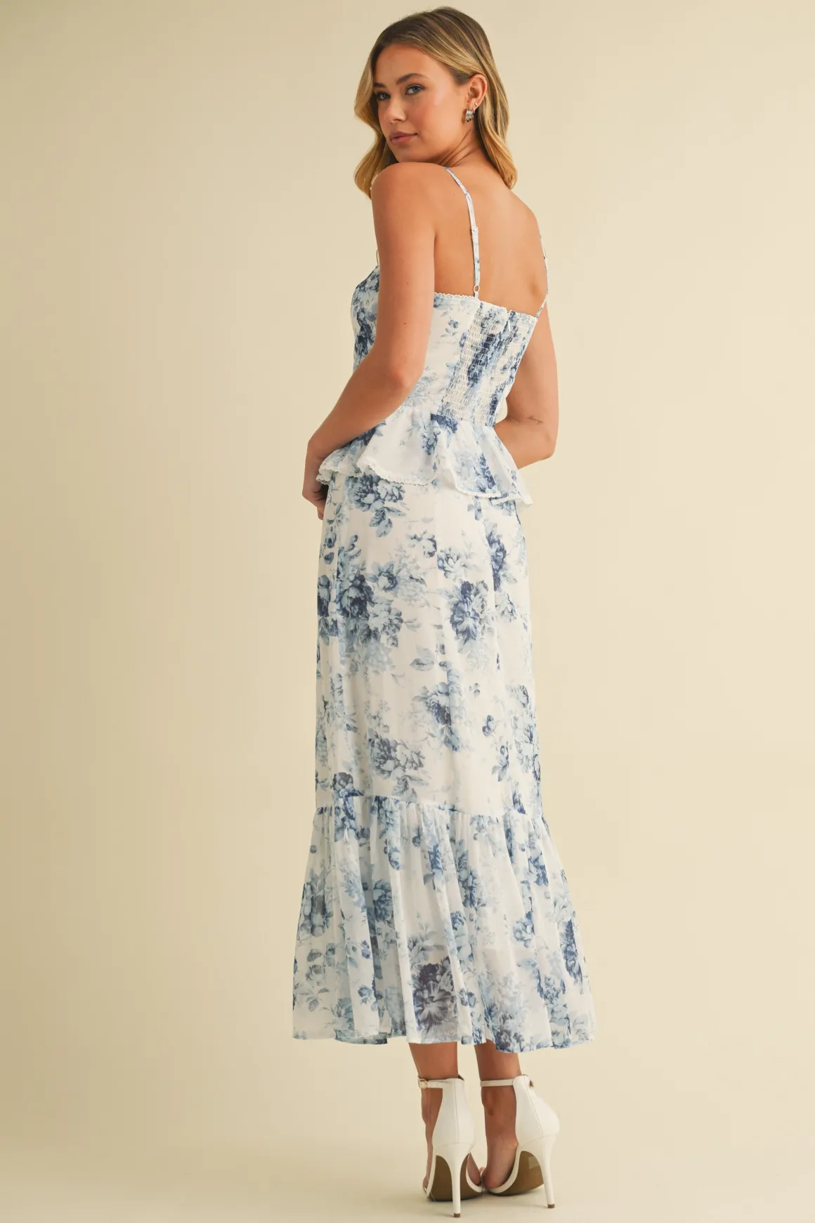 Waitlist 4/18 ♥ Hillary Sleeveless Ruffled Floral Print Peplum Midi Dress Blue