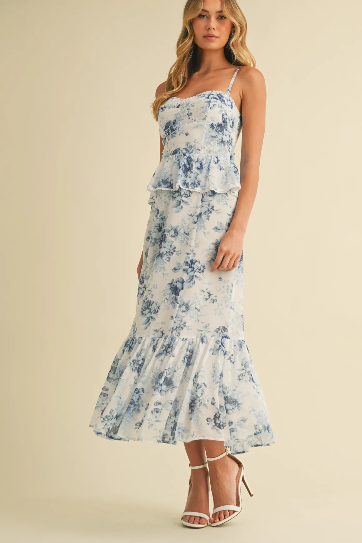 Waitlist 4/18 ♥ Hillary Sleeveless Ruffled Floral Print Peplum Midi Dress Blue