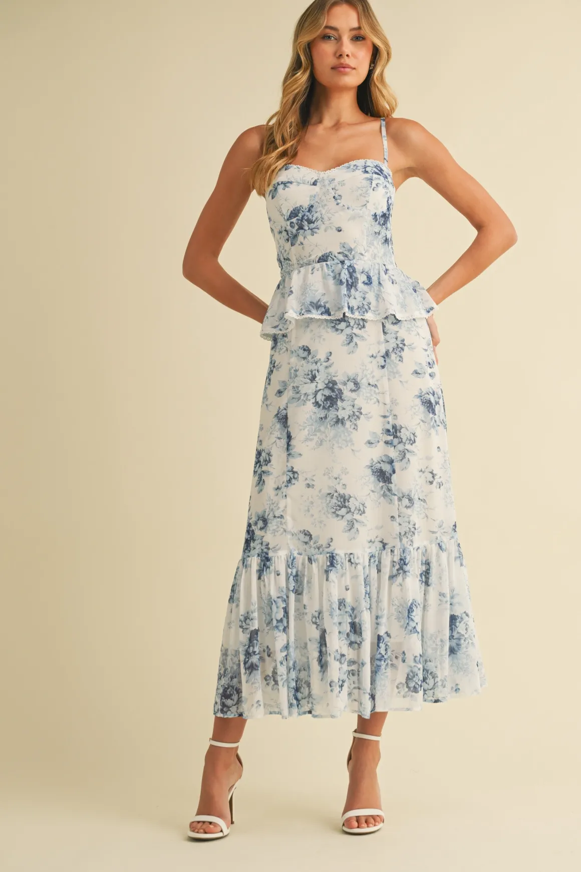 Waitlist 4/18 ♥ Hillary Sleeveless Ruffled Floral Print Peplum Midi Dress Blue