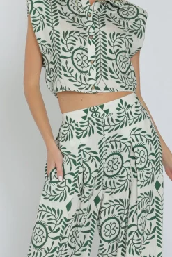 Waitlist 5/20 ♥ Jaclyn Sleeveless Shoulder Pad Printed Top And Wide Leg Pants Set Green