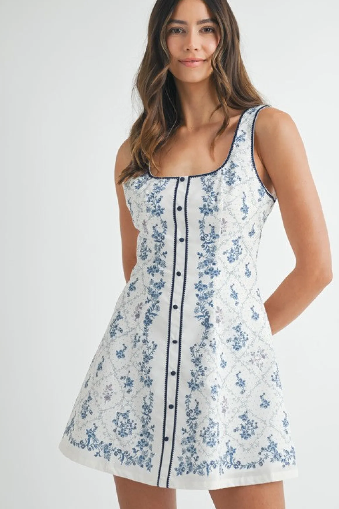 Waitlist 5/7 ♥ Lena Sleeveless Floral Print Flare Mini Dress Navy