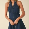 Waitlist 5/10 ♥ Libby Sleeveless Collared Halter Button Down Denim Mini Dress Dark Wash
