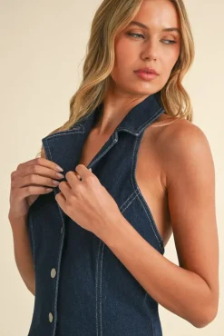 Waitlist 5/10 ♥ Libby Sleeveless Collared Halter Button Down Denim Mini Dress Dark Wash
