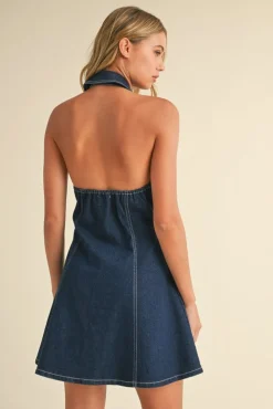 Waitlist 5/10 ♥ Libby Sleeveless Collared Halter Button Down Denim Mini Dress Dark Wash