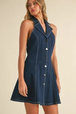 Waitlist 5/10 ♥ Libby Sleeveless Collared Halter Button Down Denim Mini Dress Dark Wash