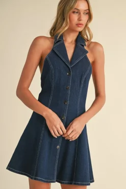 Waitlist 5/10 ♥ Libby Sleeveless Collared Halter Button Down Denim Mini Dress Dark Wash