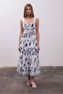 Waitlist 4/5 ♥ Liz Sleeveless Sailor Print Tiered Midi Dress White