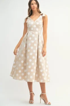 Waitlist 5/7 ♥ Melody Sleeveless Bowtie Polka Dot Print Midi Dress Taupe
