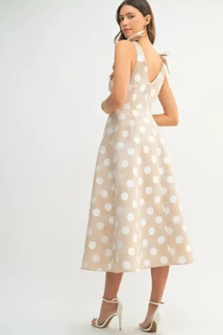 Waitlist 5/7 ♥ Melody Sleeveless Bowtie Polka Dot Print Midi Dress Taupe