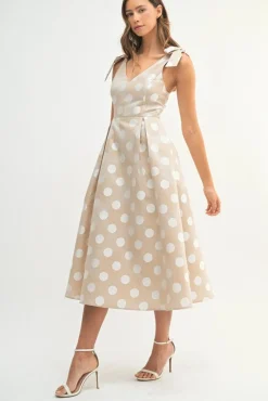 Waitlist 5/7 ♥ Melody Sleeveless Bowtie Polka Dot Print Midi Dress Taupe