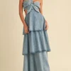Waitlist 5/21 ♥ Naomi Sleeveless Flower Accent Cut Out Tiered Denim Maxi Dress Medium Wash