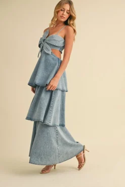 Waitlist 5/21 ♥ Naomi Sleeveless Flower Accent Cut Out Tiered Denim Maxi Dress Medium Wash