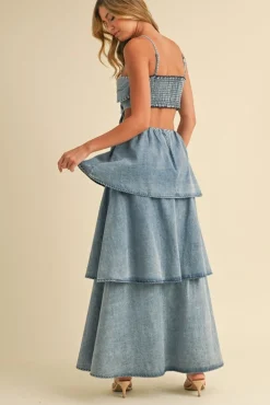 Waitlist 5/21 ♥ Naomi Sleeveless Flower Accent Cut Out Tiered Denim Maxi Dress Medium Wash
