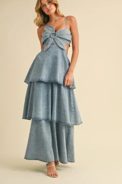 Waitlist 5/21 ♥ Naomi Sleeveless Flower Accent Cut Out Tiered Denim Maxi Dress Medium Wash