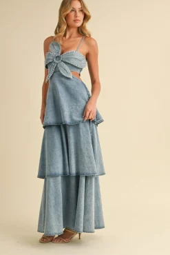 Waitlist 5/21 ♥ Naomi Sleeveless Flower Accent Cut Out Tiered Denim Maxi Dress Medium Wash