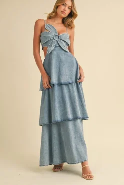 Waitlist 5/21 ♥ Naomi Sleeveless Flower Accent Cut Out Tiered Denim Maxi Dress Medium Wash