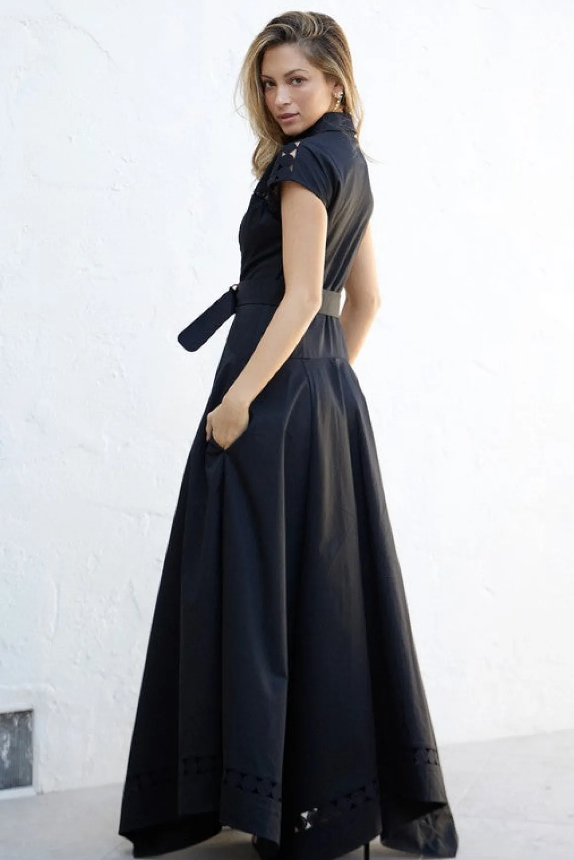 Waitlist 4/23 ♥ Noelle Short Sleeve Belted Lace Insert Maxi Dress Black