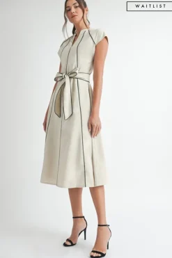 Waitlist 4/15 ♥ Nova Short Sleeve Stripe Contrast Waist Tie Linen Midi Dress Natural