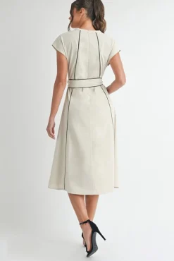 Waitlist 4/15 ♥ Nova Short Sleeve Stripe Contrast Waist Tie Linen Midi Dress Natural