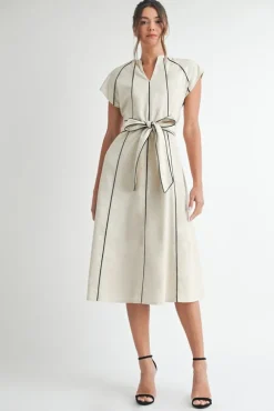 Waitlist 4/15 ♥ Nova Short Sleeve Stripe Contrast Waist Tie Linen Midi Dress Natural