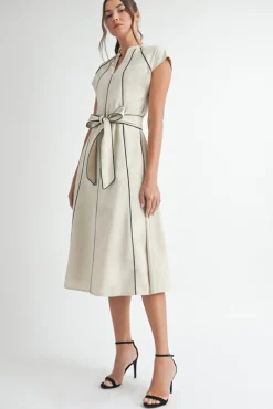 Waitlist 4/15 ♥ Nova Short Sleeve Stripe Contrast Waist Tie Linen Midi Dress Natural