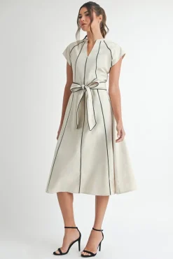 Waitlist 4/15 ♥ Nova Short Sleeve Stripe Contrast Waist Tie Linen Midi Dress Natural
