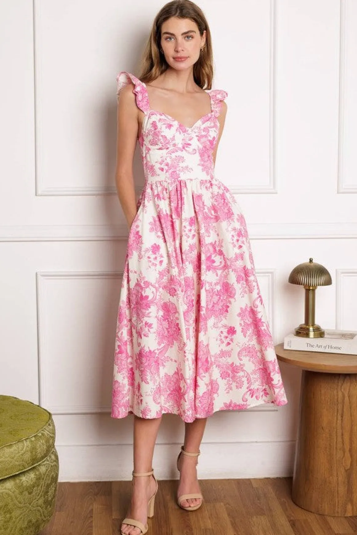 Waitlist 5/7 ♥ Rosie Ruffle Sleeve Floral Print Midi Dress Pink