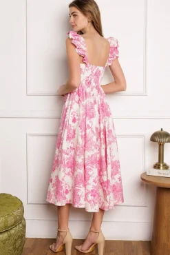 Waitlist 5/7 ♥ Rosie Ruffle Sleeve Floral Print Midi Dress Pink
