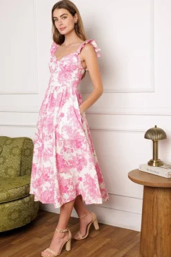 Waitlist 5/7 ♥ Rosie Ruffle Sleeve Floral Print Midi Dress Pink