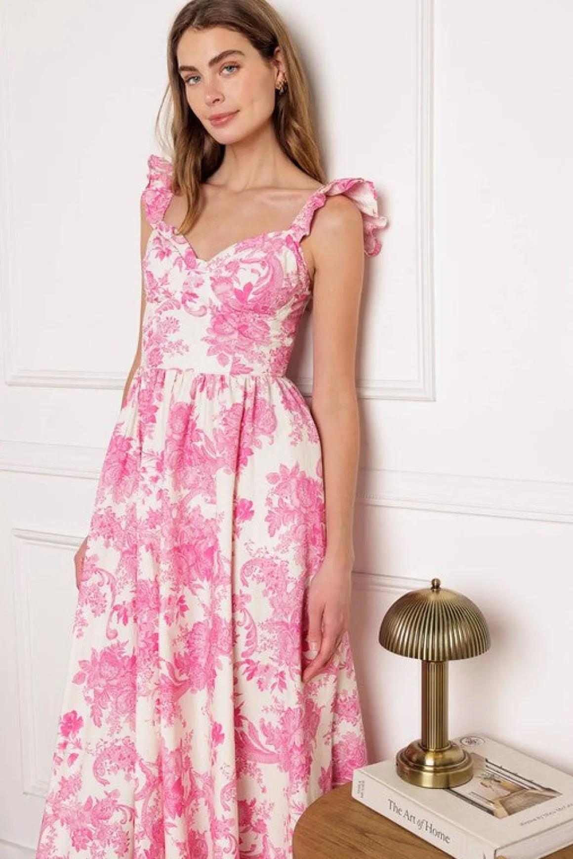 Waitlist 5/7 ♥ Rosie Ruffle Sleeve Floral Print Midi Dress Pink