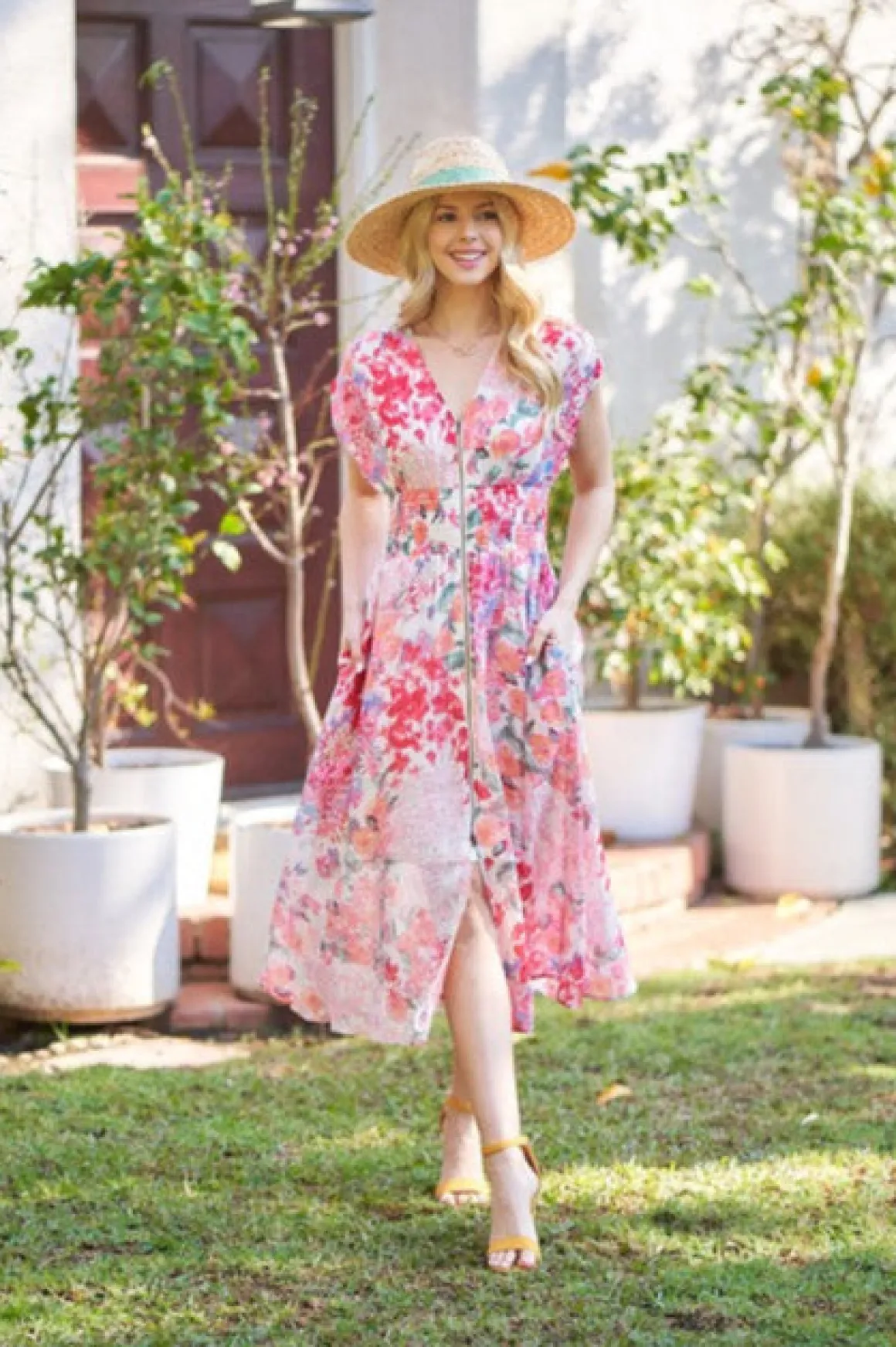 Waitlist 4/30 ♥ Ruth Cap Sleeve Floral Print Zip Up Midi Dress Fuchsia