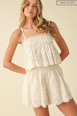 Waitlist 4/30 ♥ Saylor Sleeveless Embroidered Top And Lace Trim Shorts Set Cream