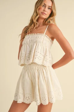 Waitlist 4/30 ♥ Saylor Sleeveless Embroidered Top And Lace Trim Shorts Set Cream