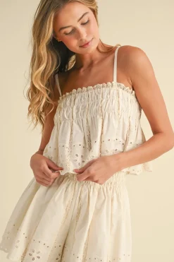 Waitlist 4/30 ♥ Saylor Sleeveless Embroidered Top And Lace Trim Shorts Set Cream