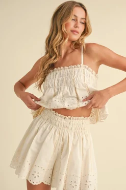 Waitlist 4/30 ♥ Saylor Sleeveless Embroidered Top And Lace Trim Shorts Set Cream